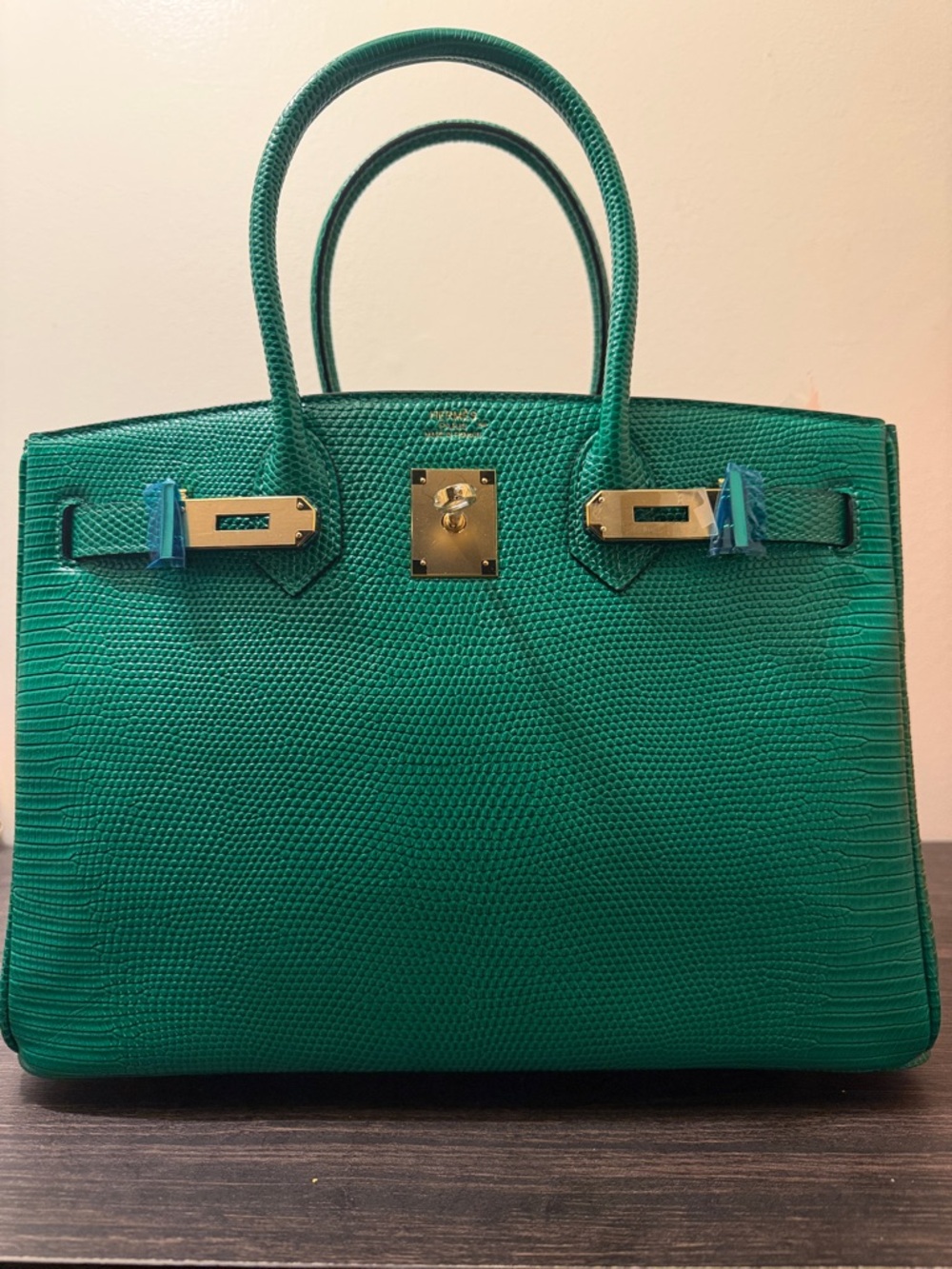 Green Lizard-Texture Tote Handbag with Gold Hardware